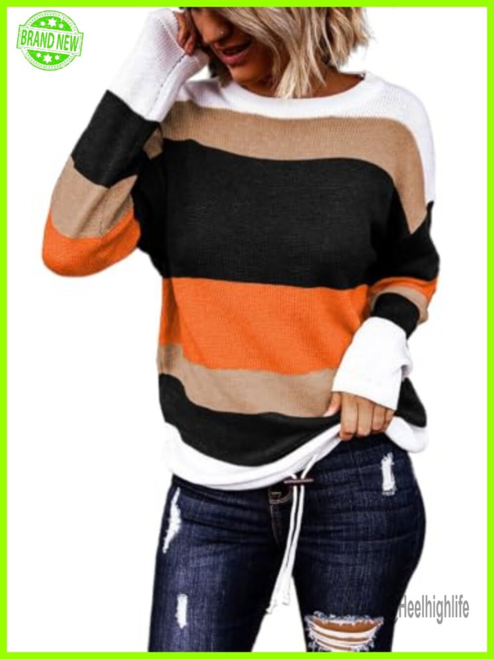 Womens Striped Drawstring Color Block Oversized Knit Pullover Sweater